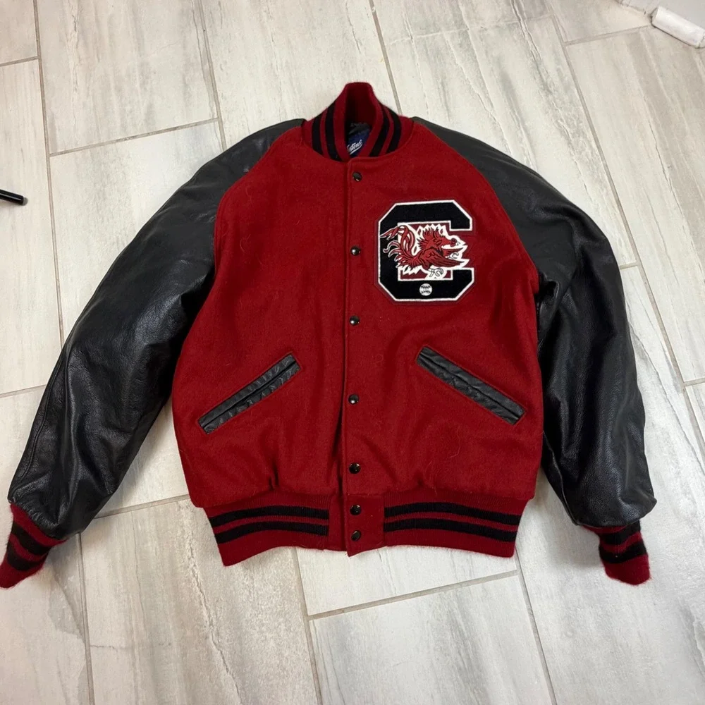 Jostens South Carolina Gamecocks Varsity Jacket Red Wool Black Leather Mens M